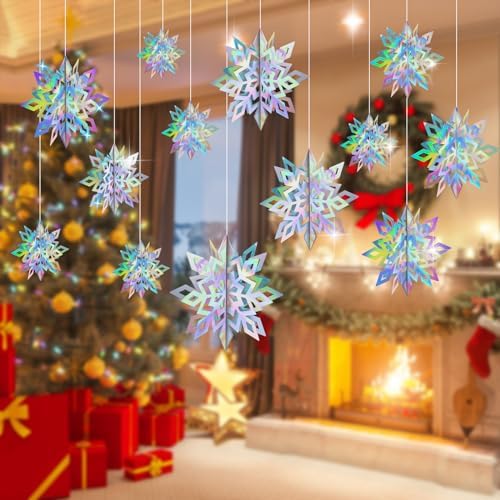 Crafare 18PCS Christmas Hanging Holographic Snowflake Ornamnets 3D Paper Snowflakes Garland Sparkly 3 Size for Winter Wonderland Holiday New Year Party Decoration