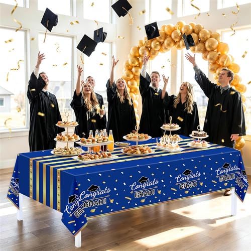 Childom 3 Pack Graduation Tablecloth,Graduation Decorations Class of 2026 Graduation Party Decorations,54"x108" Blue and Gold Plastic Table Cloth Disposable Rectangle for Home,School,Party Supplies