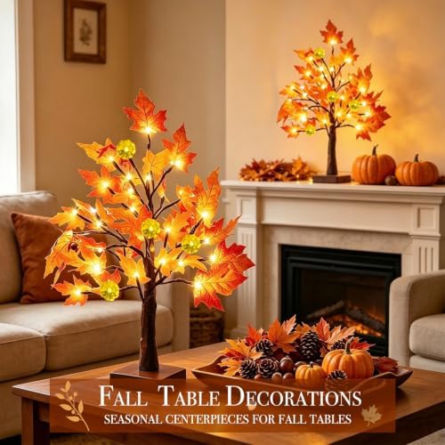 TURNMEON Fall Decor 2 Pack 18 Inch Prelit Fall Maple Tree 48 LEDs Timer