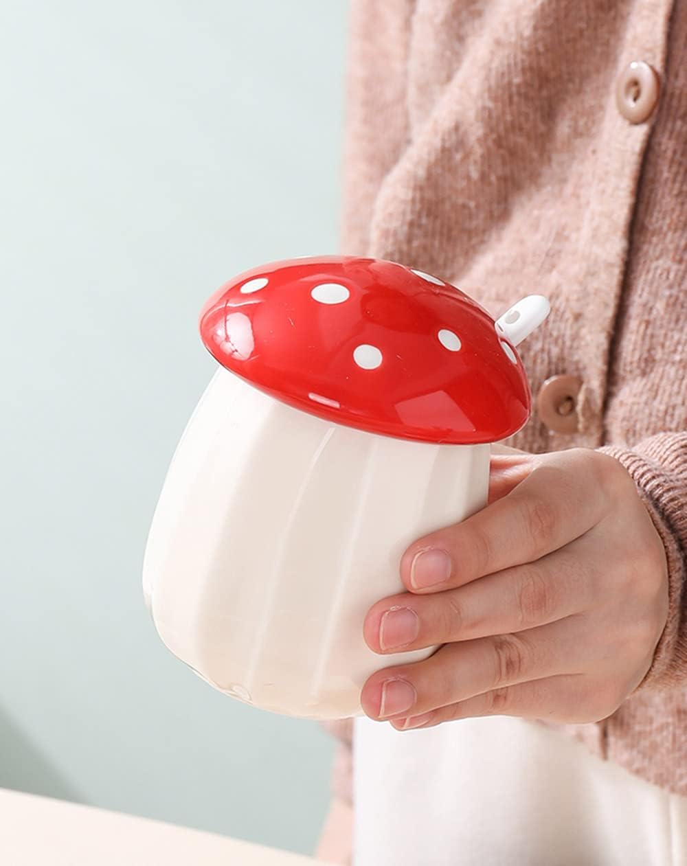 Ceramic Mushroom Shape Sugar Bowl Spice Jar Seasoning Pot / Red