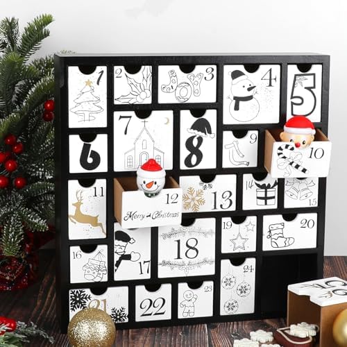 CCINEE Christmas Wooden Advent Calendar with 25 Large Drawers, Countdown to Christmas Decoration Large Size Xmas Countdown Calendar 2024 Hand Painted Refillable Advent for Holiday Decoration(Black)