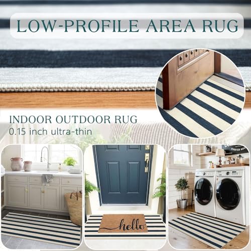 Front Door Mat Indoor Entrance, 2x4.3 Ft Blue and White Striped Rug