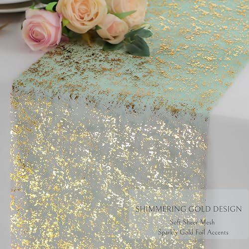 Snowkingdom Sage Green Gold Table Runner 2Pcs 108" Metallic Foil Sequin Glitter Thin Sheer Mesh Fabric Decorations for Wedding Birthday Christmas Party Centerpieces Reception Dining Home Holiday
