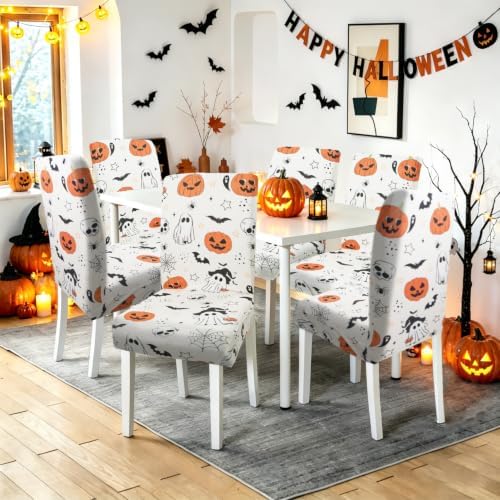 Halloween Chair Covers Set of 6,Pumpkin,Ghost and Skull Dining Chair Protectors,Elastic Removable Washable Dining Chair Covers,Suitable for Halloween Kitchen Dining Room chair Holiday Decorations