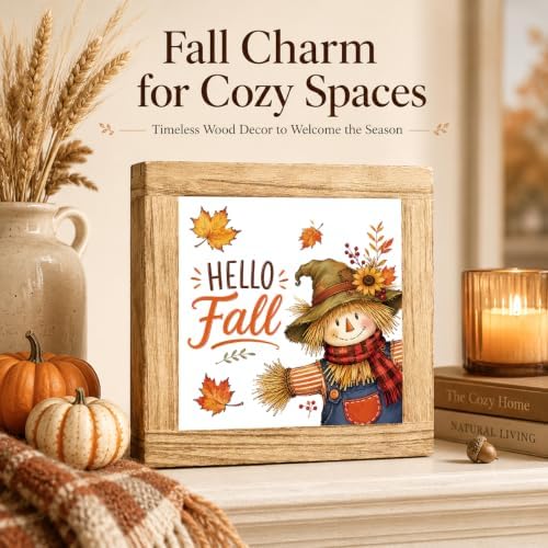 Fall Wood Sign, Hello Fall Scarecrow and Maple Leaf Tabletop Decor