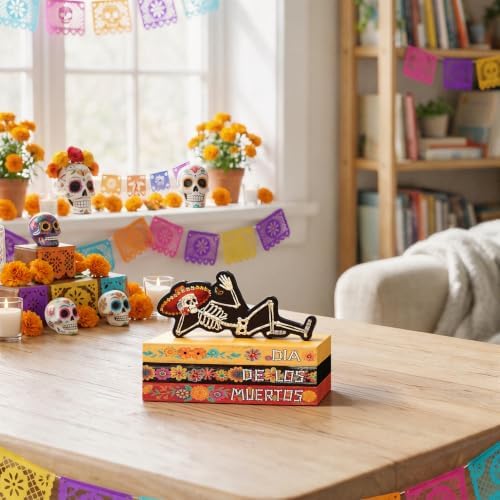 Smile Dia de Los Muertos Wooden Book Stack Decor