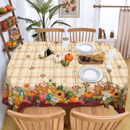 Fall Plaid Oval Tablecloth 60 x 84 Inch, Stain Resistant Washable Fabric Autumn Harvest Pumpkin Table Cloth Oval Fall Tablecloth Table Cover for Kitchen Dining Party