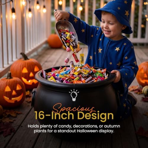 Union Products Black 16 Inch Spooky Witch Cauldron for Indoor and Outdoor Halloween Decoration and Trick or Treat Candy Container, Black