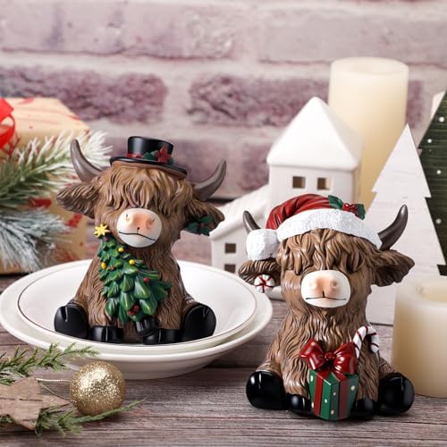 Karenhi 2 Pcs Highland Cow Figurines Resin Christmas Decor for Home Office