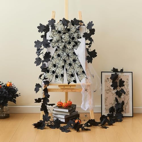 1 Pcs Large Halloween Wreath Bow - Black Spider & White Spider Web Wired Bow, Rustic Burlap Style Halloween Bows for Front Door, Tree Topper, Spooky Home Party Decor (Black Spider Bow)