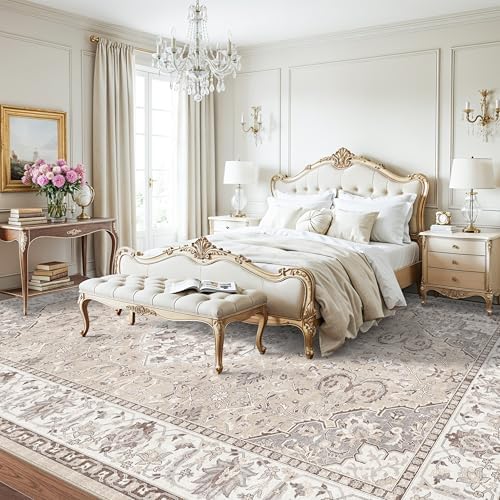 12x15 Living Room Area Rug: Oriental Large Neutral Bedroom Carpet Soft Distressed Floor Mat with Non-Slip Backing