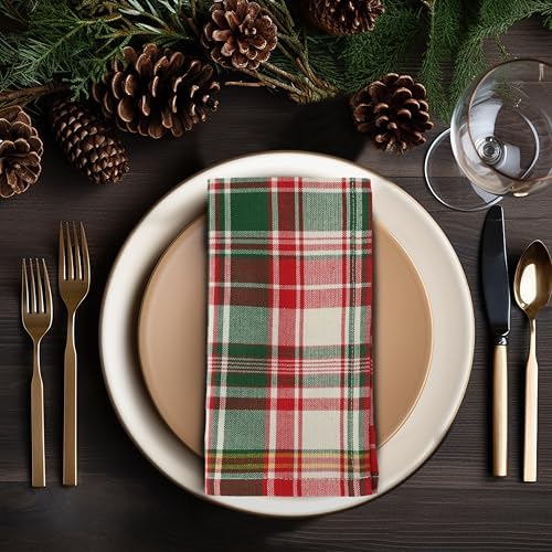 COTTON CRAFT Christmas Tartan Plaid Cloth Napkins - 12 Pack 100% Cotton