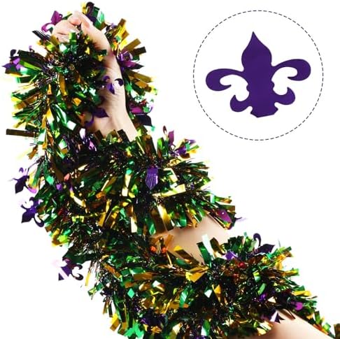 FOIMAS 33FT Mardi Gras Tinsel Garland,Green Purple Green Twisted Metallic Hanging Garland for Mardi Gras Parade Tree Fireplace Home Decoration