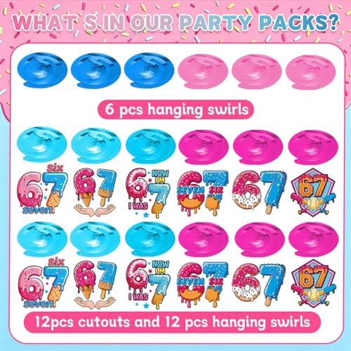 6 7 Birthday Hanging Swirl Decorations, 30Pcs Six Seven Party Ceiling Streamers for 6 7 Meme Ice Cream Birthday Party Supplies