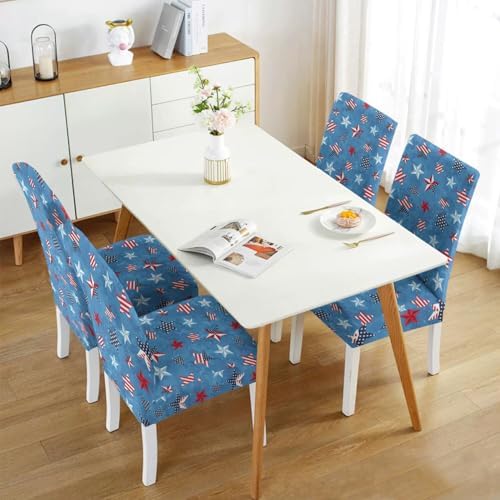 4 Pcs 4th of July American Flag Patriots Stars Dining Chair Covers, Memorial Day Veterans day Independence day Stretch Removable Washable Seat Slipcovers, Labor Day Kitchen Dining Room Hotel Decor