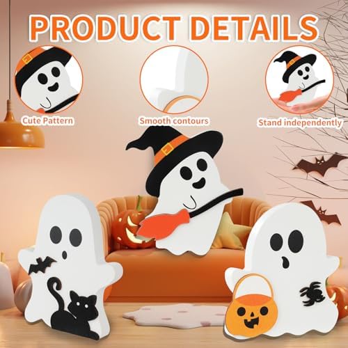 3 Pcs Halloween Decorations Indoor, Cute Ghost Halloween Tabletop Decor, Wooden Tiered Tray Decor, Black Cat, Bat, Witch Broom Signs for Party Home Shelf Display
