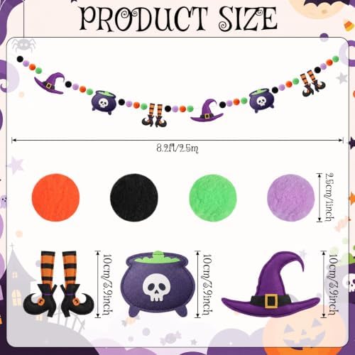 VitalCozy Halloween Felt Banner Pom Pom Garland, Purple, Witch
