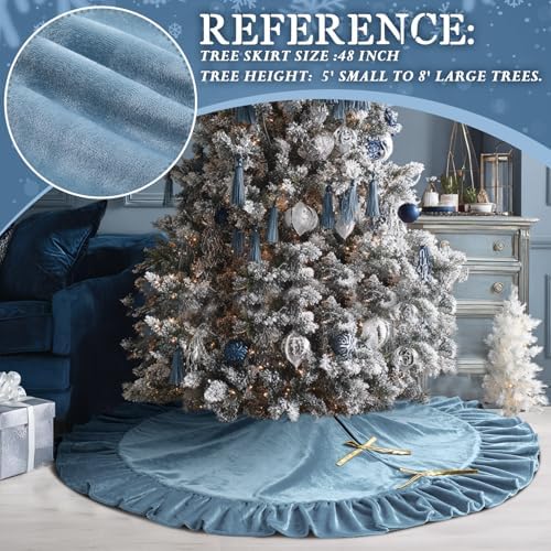 Velvet Christmas Tree Skirt, 48 Inches, Bow Style, Haze Light Blue