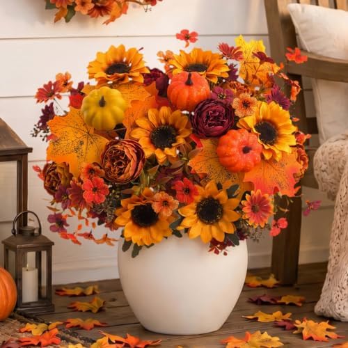 Mixed 12 Pcs Fall Artificial Flowers, Sunflower Peony Bouquet with Maple Leaves Pumpkins, Autumn Faux Floral Arrangements for Table,Thanksgiving, Halloween, Porch Planters, Garden Patio Outdoors Decor
