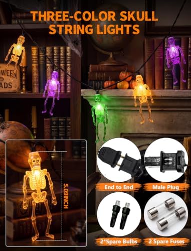8.5FT 10 LED Outdoor Halloween Skeleton String Lights Plug In, Waterproof