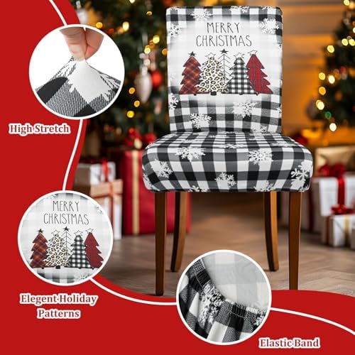 Christmas Chair Covers Set of 6 Buffalo Plaid Christmas Tree Dining Chair Seat Cover Stretch Removable Xmas Chair Slipcover Protector for Xmas Dining Room Kitchen Home Decor