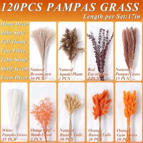 120Pcs 17" Orange Dried Pampas Grass Bouquet, Boho Floral Home Decor