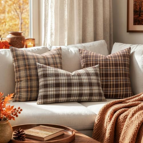 MIULEE Fall Plaid Pillow Covers Scottish Tartan 16x16 Camel Brown