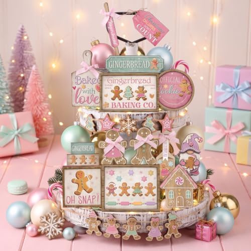 Shellwei 24pcs Pink Christmas Tiered Tray Decor Set Rustic Gingerbread Sign