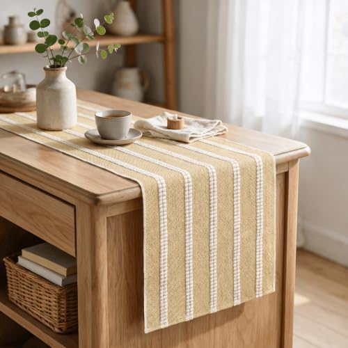 Artoid Mode Burlap Brown Farmhouse Dashed Stripe Table Runner, Seasonal Holiday Boho Rustic Kitchen Dining Table Decoration for Home Party Decor 12x72 Inch