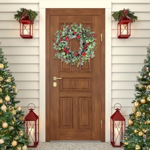 Sggvecsy 22 Inch Artificial Christmas Wreath for Front Door Xmas Red Berry Wreath with Pine Needles Pine Cones Eucalyptus Leaves Christmas Decorations for Winter Wall Outdoor Home Holiday Xmas Decor