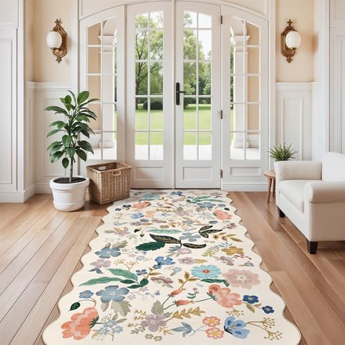 Washable 4x8 Wide Runner Rug: Hallway Entryway Non Slip Scalloped Floral Rug Farmhouse Soft Stain Resistant Carpet for