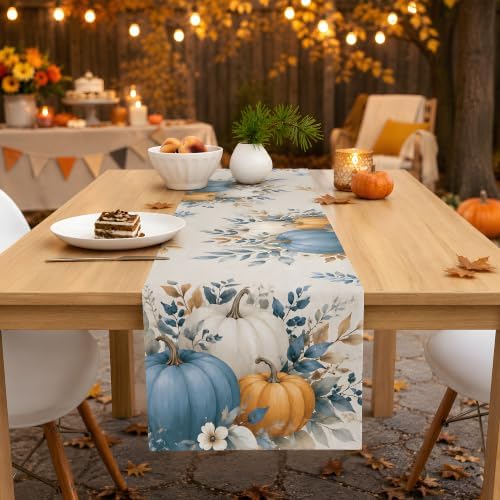 Fall Decor - Blue White Pumpkin Table Runner for Thanksgiving Decorations