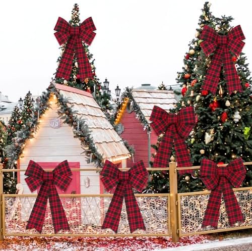 2 PCS Xmas Decorations, Red Black Buffalo Plaid Large Christmas Bows, 12 × 18 IN Christmas Tree Bow PVC Large Red Christmas Bows Indoor Outdoor Xmas Hanging Christmas Wreath Bows for Fence Fireplace