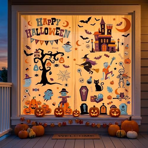 Halloween Window Clings Decorations Indoor, Reusable Static Stickers Decals for Glass Door Home Kids Party Decor