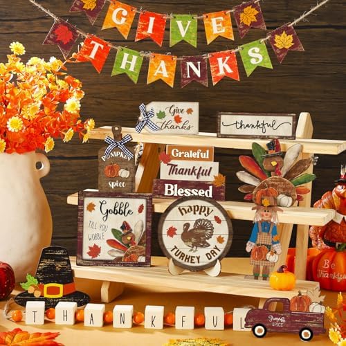Maitys 21 Pcs Thanksgiving Tiered Tray Decor Set Fall Pumpkin Gnome Truck Scarecrow Wood Sign Rustic Farmhouse Decor Hello Fall Wood Bead Decorative Tabletop Sign for Autumn Thanksgiving Day(Cute)