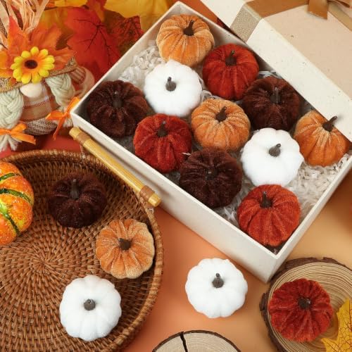 16 PCS Fall Autumn Artificial Velvet Pumpkins Mini Faux Pumpkins