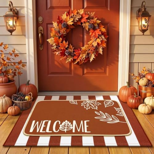 Tinideya 2 Pcs Fall Door Mat Outdoor Layered Autumn Leaves Welcome Mat