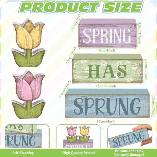 Moucuny 4 Pcs Spring Wooden Block Signs Farmhouse Tray Decor Tulips