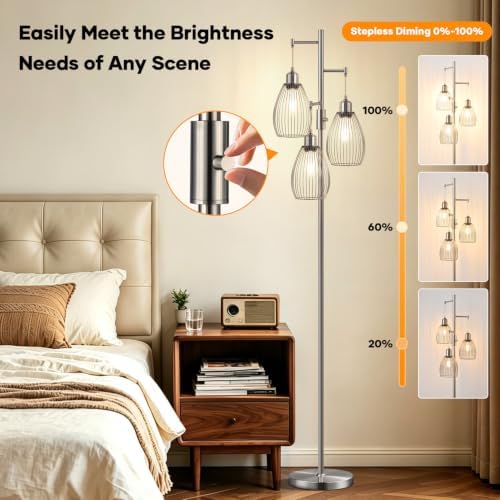 Nintiue Dimmable Floor Lamp, 3 x 800LM LED Edison Bulbs Included, Industrial Floor Lamp Standing Tree Lamp with Elegant