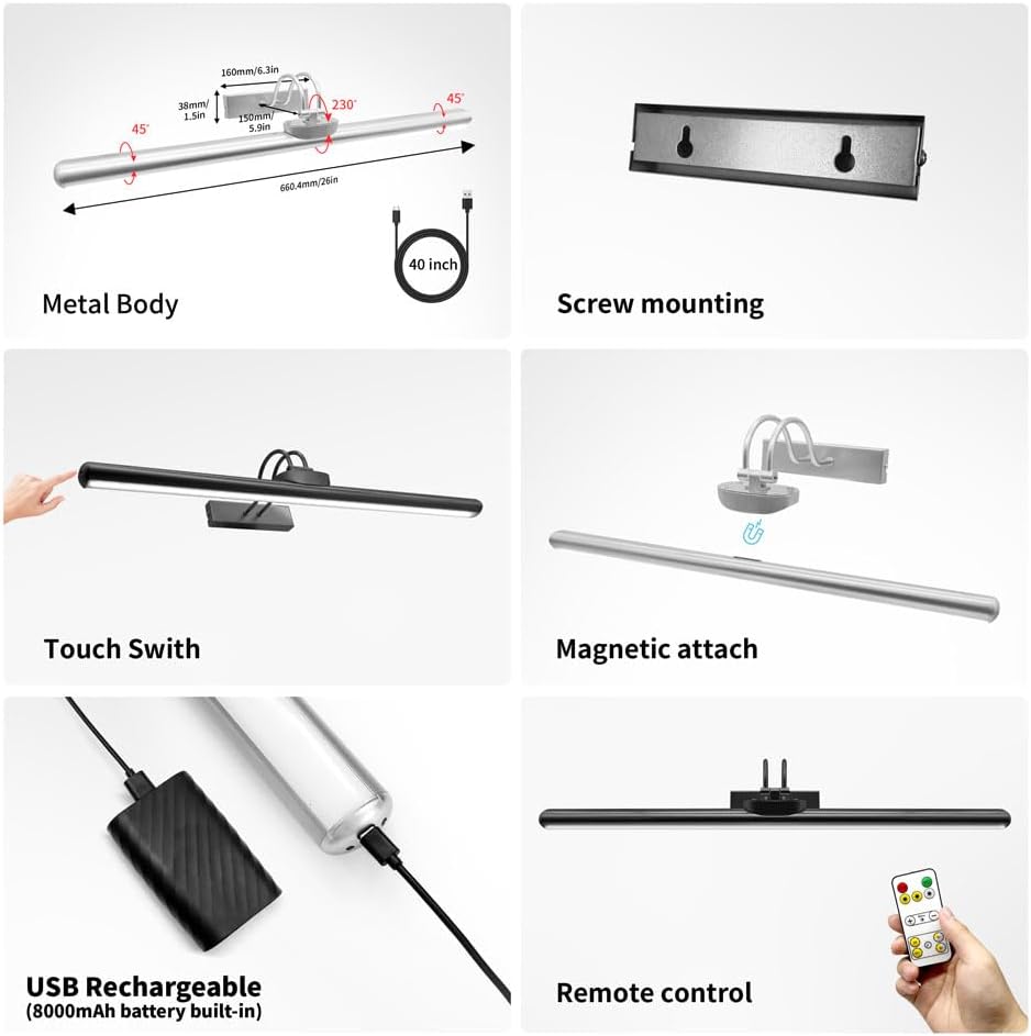 26" Wireless Picture Lights, 8000 mAh Rechargeable Battery Art Display Light with Remote Control, Dimmable/Timer Off
