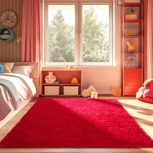 Ophanie Red Rugs for Bedroom Living Room, Fluffy Fuzzy Furry Carpet, Plush Soft Shaggy Bedside Indoor Floor 4x6 Area