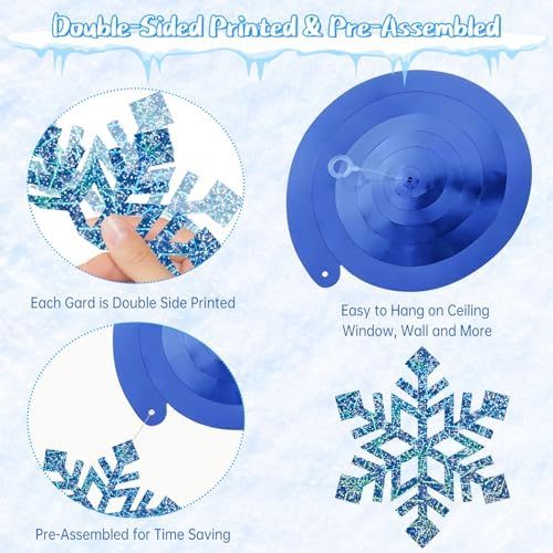 Winter Snowflake Hanging Decorations 30 Pcs Blue and Silver Christmas Ceiling Streamers Hanging Decorations Glittery Snowflakes Swirls for Wonderland Frozen Party and Christmas Decor