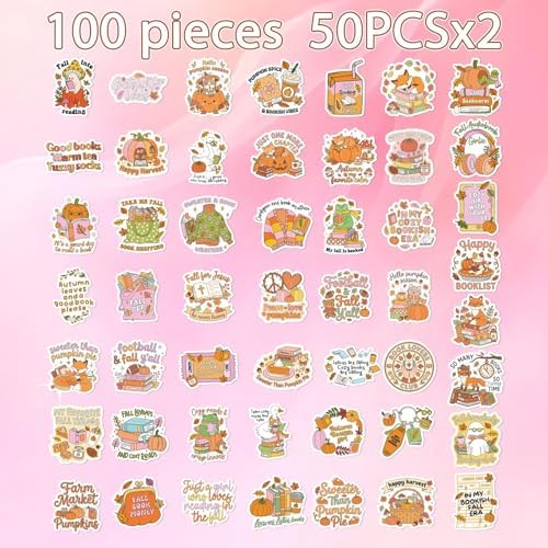 100 Pcs Fall Bookish Stickers for Adult, Vinyl Pumpkin Decals