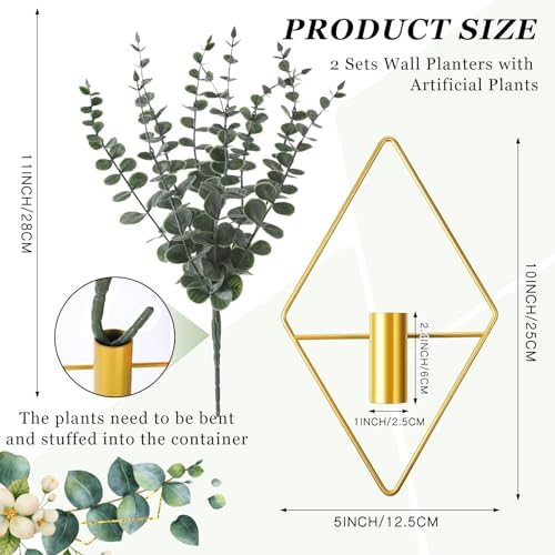 Jexine 4 Pcs Hanging Artificial Planters Wall Decor, Gold, Eucalyptus