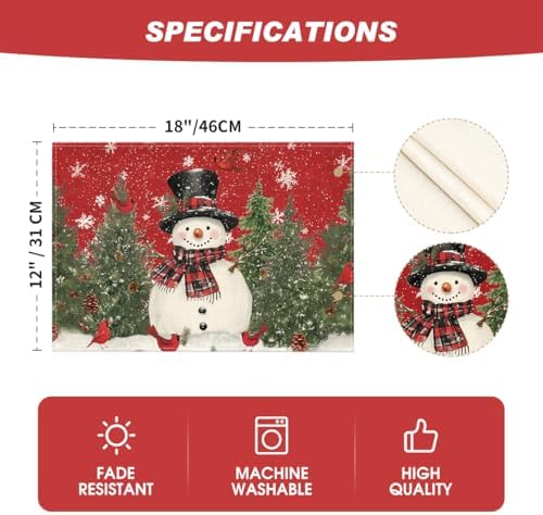 Artoid Mode Red Snowman Trees Bird Christmas Placemats Set of 12, 12x18 Inch Seasonal Winter Table Mats for Party Kitchen Dining Decoration