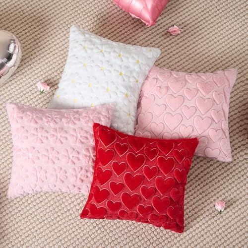 Softalker Red Heart Pillow Covers 18 x 18 Inch Set of 2, Mother's Day Decorative Soft Faux Fur Cushion Covers, 3D Embroidered Pillow Cases for Spring Summer Home Decor