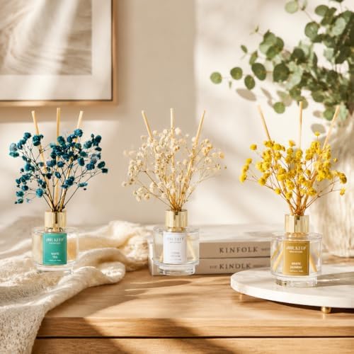 Airkeep Reed Diffuser Set of 3,Clean Cotton White Jasmine White Tea Oil Reed Diffusers for Bedroom Living Room Office