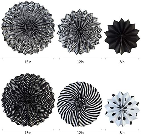 18pcs Party Hanging Paper Fans Set Black White Round Paper Fans Decorative Pattern Folding Fan Halloween Hanging Garlands for Halloween Birthday Wedding Graduation Events Accessories