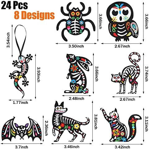 CCINEE 24Pcs Dia De Los Muertos Felt Ornaments, Mexcian Skeleton Halloween Ornaments for Day of The Dead Themed Party School Bags Indoor Outoor Tree Hanging Decorations