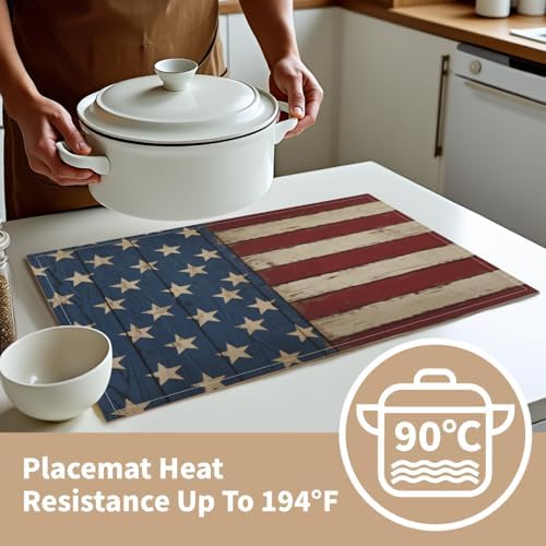 4th of July Placemats Set of 4 18x12 Inch Patriotic American Flag Linen Place Mats Heat-Resistant Washable Wipeable Independence Day Memorial Day Table Mat for Party Kitchen Dining Room Dinner Table